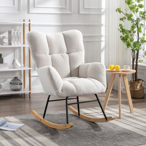 Fauteuil à Bascule Rocking-chair, Cofort,design Simple,mousse,bois,métal ,tissu Teddy,blanc