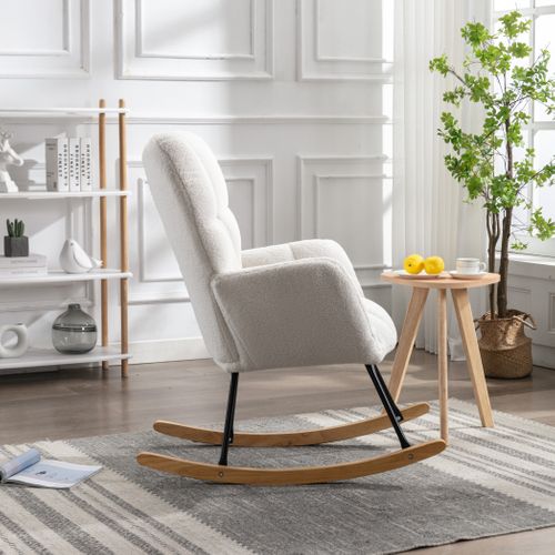 Fauteuil à Bascule Rocking-chair, Cofort,design Simple,mousse,bois,métal ,tissu Teddy,blanc