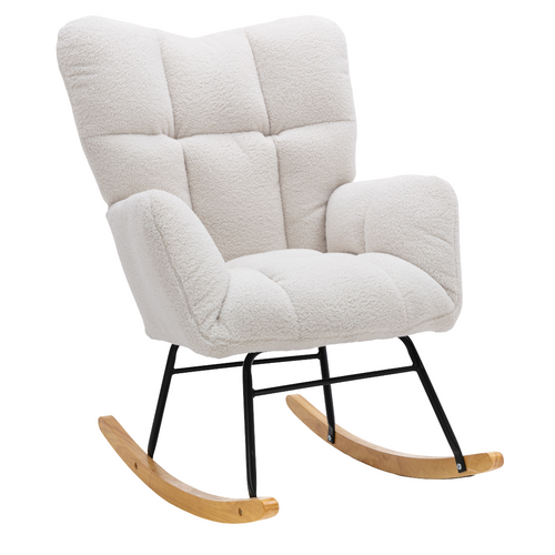 Fauteuil à Bascule Rocking-chair, Cofort,design Simple,mousse,bois,métal ,tissu Teddy,blanc