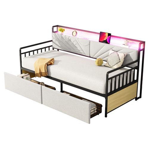 Lit 90x200cm,1 Place,2 Tiroirs,avec Rangement,led,métal,mdf,beige