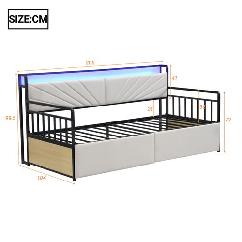 Lit 90x200cm,1 Place,2 Tiroirs,avec Rangement,led,métal,mdf,beige