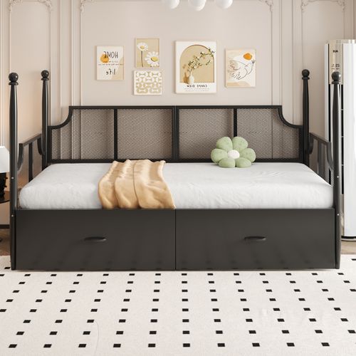 Lit 90x200cm,lit Simple,lit Enfant,vintage,2 Tiroirs,sommier,cadre En Métal,noir