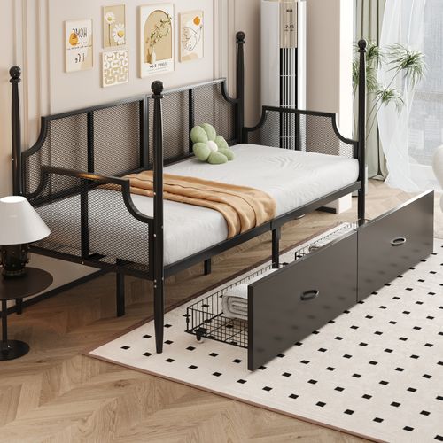 Lit 90x200cm,lit Simple,lit Enfant,vintage,2 Tiroirs,sommier,cadre En Métal,noir