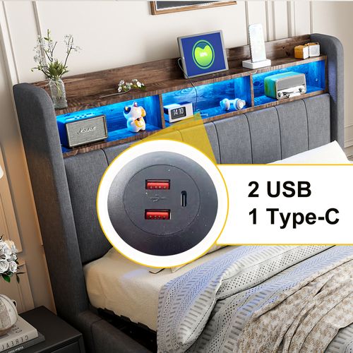 Lit Coffre140x200cm,lit Double,led,usb,moderne,tête De Lit Avec Rangement,lin,gris