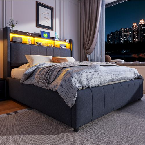 Lit Coffre140x200cm,lit Double,led,usb,moderne,tête De Lit Avec Rangement,lin,gris