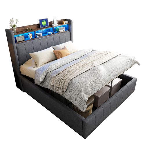 Lit Coffre140x200cm,lit Double,led,usb,moderne,tête De Lit Avec Rangement,lin,gris
