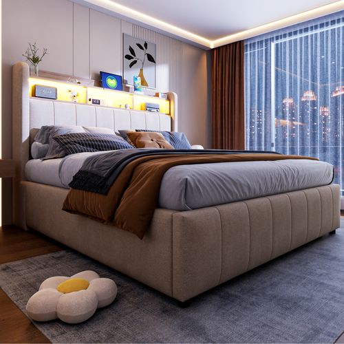 Lit Coffre140x200cm,lit Double,led,usb,moderne,tête De Lit Avec Rangement,lin,beige