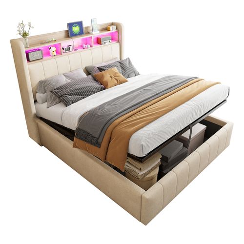 Lit Coffre140x200cm,lit Double,led,usb,moderne,tête De Lit Avec Rangement,lin,beige