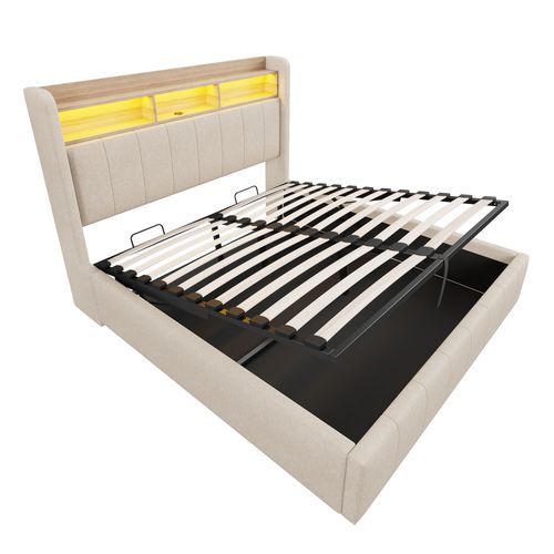 Lit Coffre140x200cm,lit Double,led,usb,moderne,tête De Lit Avec Rangement,lin,beige
