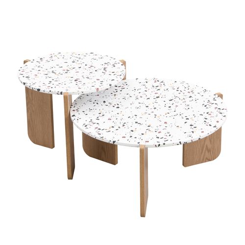 Table Basse Gigogne Ronde 2 Pièces En Mdf, Design Artistique, Blanc Et Bois, Salon Chambre Balcon
