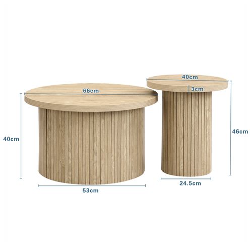 Table Basse Ronde Gigogne 2 Pièces En Mdf Couleur Bois, Design Moderne Et Élégant Pour Salon