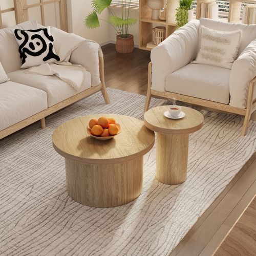 Table Basse Ronde Gigogne 2 Pièces En Mdf Couleur Bois, Design Moderne Et Élégant Pour Salon