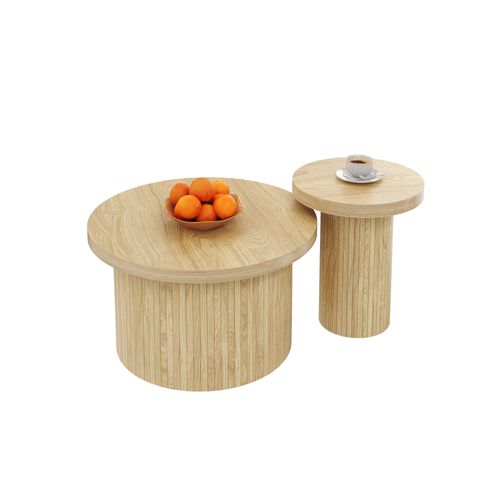 Table Basse Ronde Gigogne 2 Pièces En Mdf Couleur Bois, Design Moderne Et Élégant Pour Salon