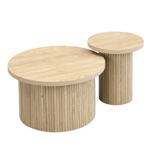 Table Basse Ronde Gigogne 2 Pièces En Mdf Couleur Bois, Design Moderne Et Élégant Pour Salon