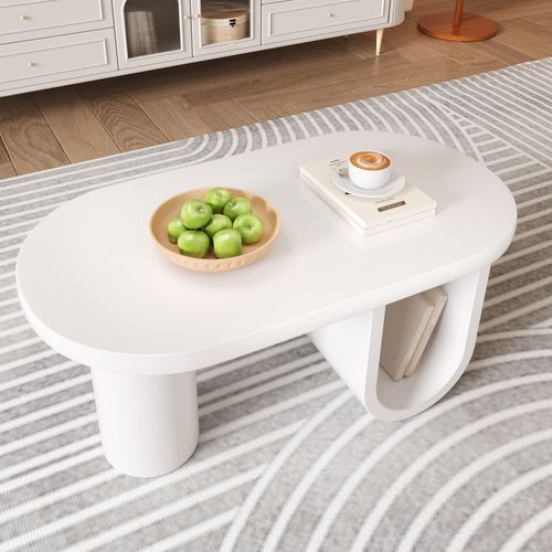 Table Basse Ovale Moderne En Mdf Blanc Avec Pieds Ronds De Rangement Pour Salon