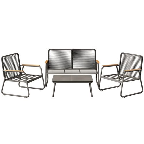 Salon De Jardin 4 Pers, Canapé + Table Fer Galvanisé, Verre Trempé, Coussins, Pieds Réglables, Gris