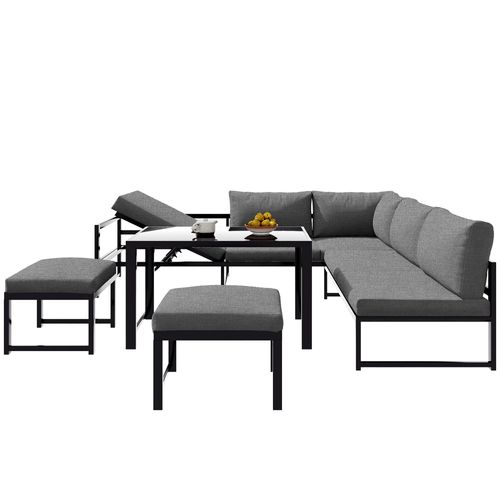 Salon De Jardin Aluminium Lounge, 3+2 Places + 2 Tabourets, Coussins Gris Amovibles, Modulable