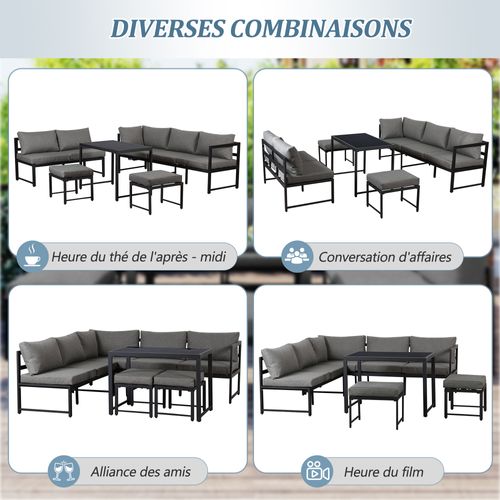 Salon De Jardin Aluminium Lounge, 3+2 Places + 2 Tabourets, Coussins Gris Amovibles, Modulable