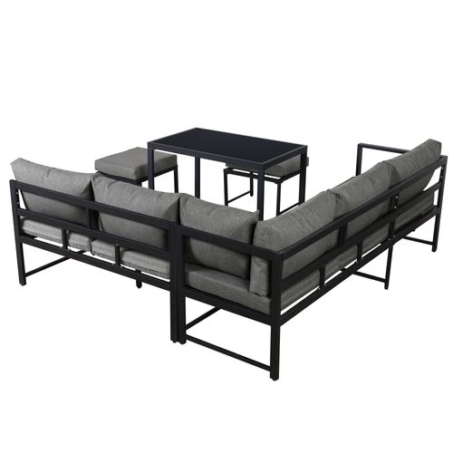 Salon De Jardin Aluminium Lounge, 3+2 Places + 2 Tabourets, Coussins Gris Amovibles, Modulable