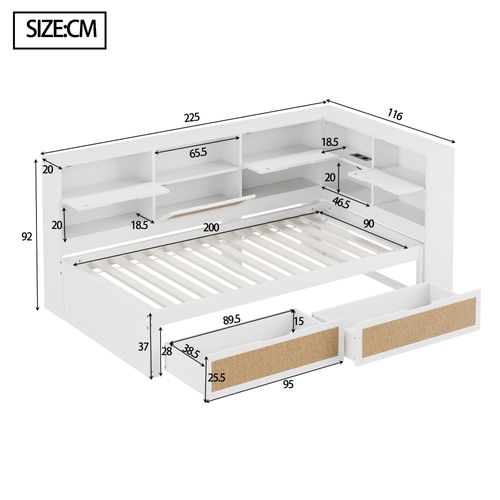 Lit 90x200 Cm Avec Rangement, 2 Tiroirs Et Prises Intégrées – Bois Blanc, Sommier Inclus