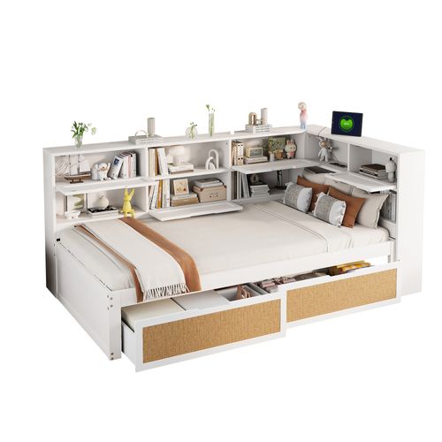 Lit 90x200 Cm Avec Rangement, 2 Tiroirs Et Prises Intégrées – Bois Blanc, Sommier Inclus