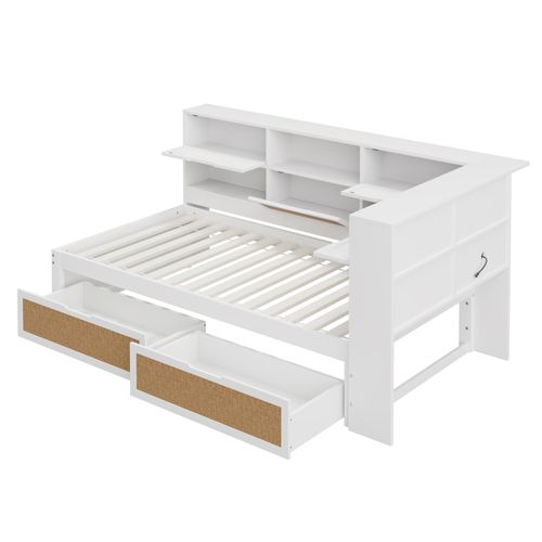 Lit 90x200 Cm Avec Rangement, 2 Tiroirs Et Prises Intégrées – Bois Blanc, Sommier Inclus