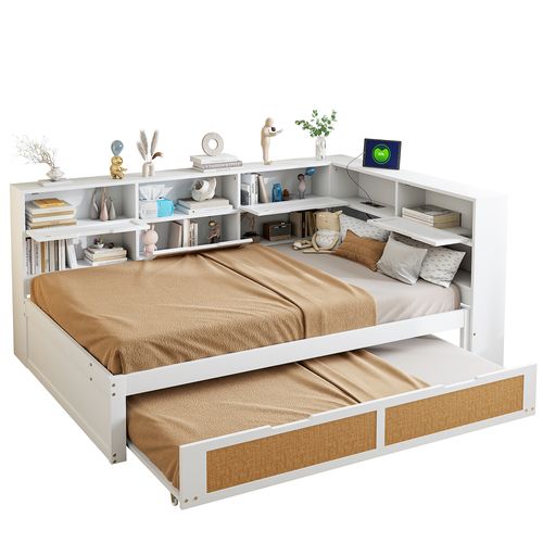 Lit Adulte 140x200 Cm Avec Lit Enfant Gigogne 90x190, Bois Blanc, Rangement Et Prises De Charge