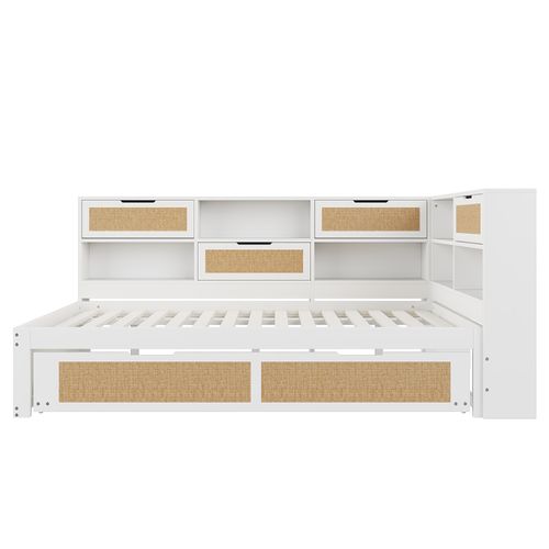 Lit Adulte 140x200 Cm Avec Lit Enfant Gigogne 90x190, Bois Blanc, Rangement Et Prises De Charge