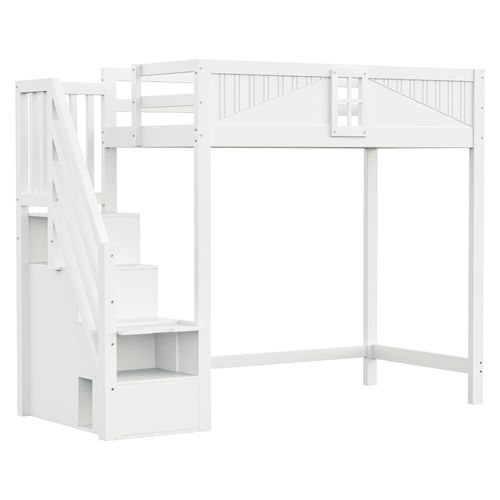 Lit Mezzanine Enfant 90x200 Cm Avec Escalier De Rangement Modulable, Design Sécurisé