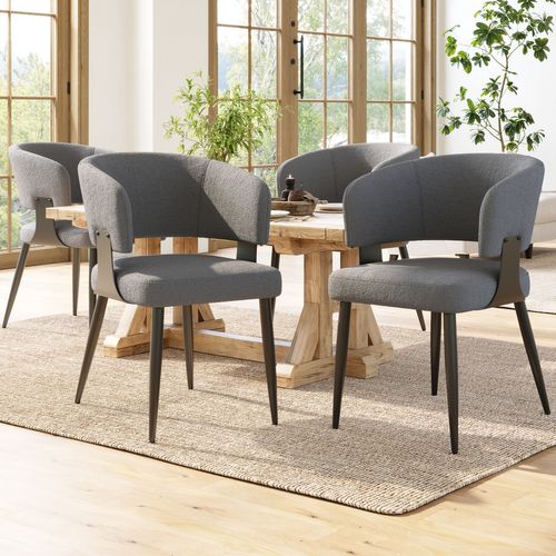 Lot De 4 Chaises De Salle à Manger En Flanelle Gris, Fauteuil Avec Dossier Incurvé, Pieds En Métal
