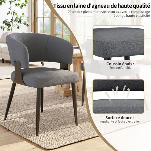 Lot De 4 Chaises De Salle à Manger En Flanelle Gris, Fauteuil Avec Dossier Incurvé, Pieds En Métal