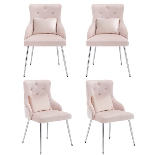 Lot 4 Chaises De Salle à Manger En Velours Rose Avec Coussin Lombaire Et Pieds Métal