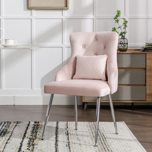 Lot 6 Chaises De Salle à Manger En Velours Rose Avec Coussin Et Pieds Métal