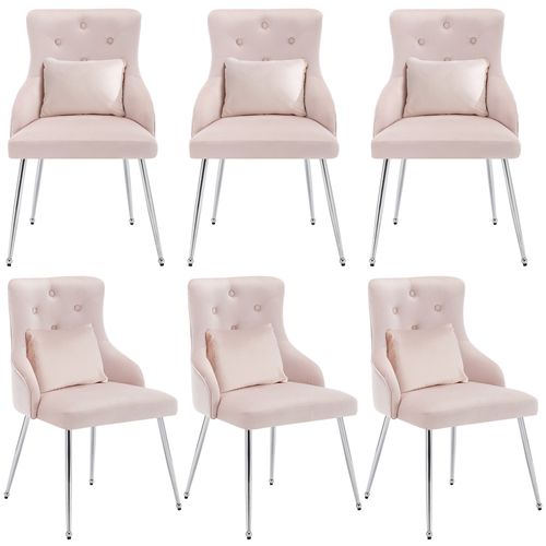 Lot 6 Chaises De Salle à Manger En Velours Rose Avec Coussin Et Pieds Métal
