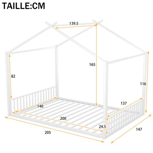 Lit Cabane 140x200 Cm - Lit Enfant Avec Sommier à Lattes - Métal - Blanc