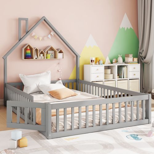 Lit Cabane 140 X 200 Cm - Lit Enfant Forme Cheminée - Pin + Mdf - Gris