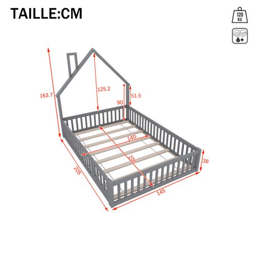 Lit Cabane 140 X 200 Cm - Lit Enfant Forme Cheminée - Pin + Mdf - Gris