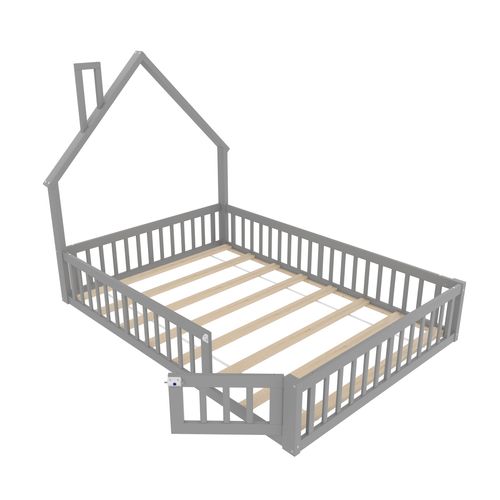 Lit Cabane 140 X 190 Cm - Lit Enfant Forme Cheminée - Pin + Mdf - Gris