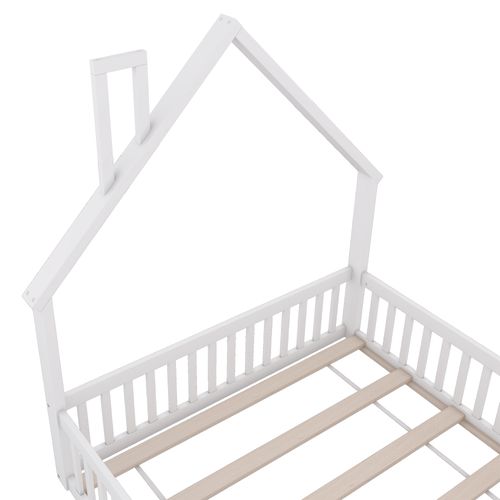 Lit Cabane 140 X 190 Cm - Lit Enfant Rembourré Avec Lattenrost - Pin + Mdf - Blanc