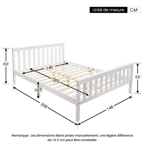 Lit 140x200 Cm - Lit Classique Avec Sommier à Lattes - Pin Et Mdf - Blanc