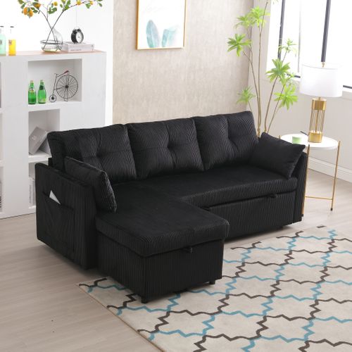 Canapé Convertible 3 Places Extensible Moderne 206x130x66/88cm Avec Assise Coffre, Tissu, Noir