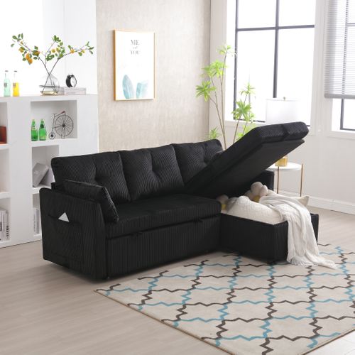 Canapé Convertible 3 Places Extensible Moderne 206x130x66/88cm Avec Assise Coffre, Tissu, Noir