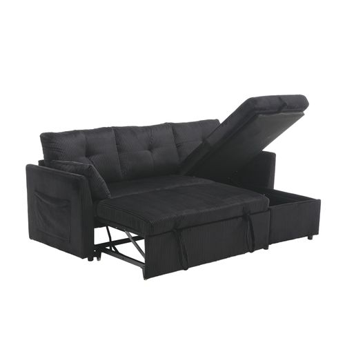 Canapé Convertible 3 Places Extensible Moderne 206x130x66/88cm Avec Assise Coffre, Tissu, Noir