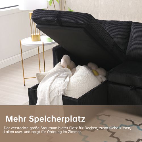 Canapé Convertible 3 Places Extensible Moderne 206x130x66/88cm Avec Assise Coffre, Tissu, Noir