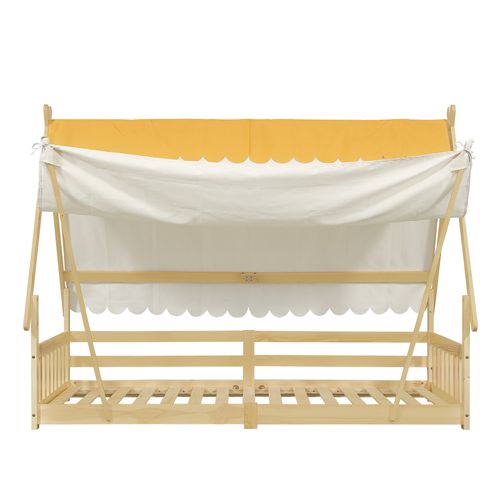Lit Cabane Enfant 90x200 Cm, Avec Barrières De Sécurité Et Sommier à Lattes, Coloris Naturel