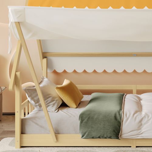 Lit Cabane Enfant 90x200 Cm, Avec Barrières De Sécurité Et Sommier à Lattes, Coloris Naturel