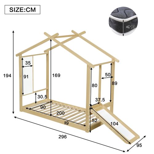 Lit Cabane Pour Enfant 90x200cm, Avec Toboggan, Avec Tableau Blanc Inscriptible, Couleur Naturelle