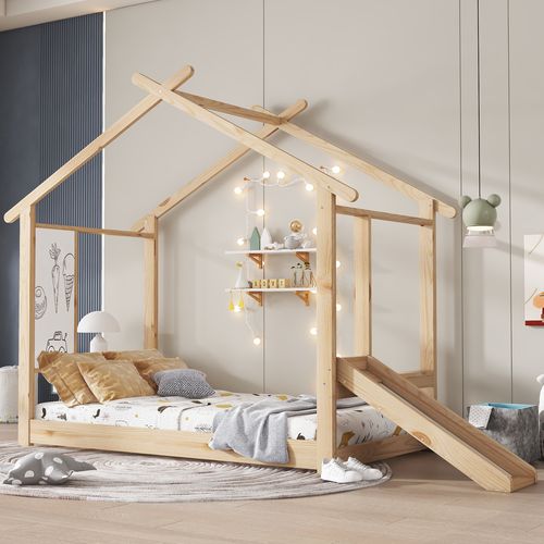 Lit Cabane Pour Enfant 90x200cm, Avec Toboggan, Avec Tableau Blanc Inscriptible, Couleur Naturelle