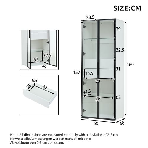 Vitrine Blanche LED H.160cm Avec 2 Portes Et 2 Tiroirs, Armoire Vitrée, 6 Niveaux De Rangement