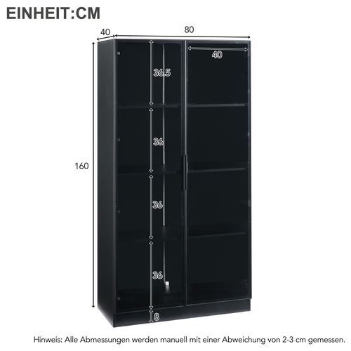 Vitrine Moderne Noir H.160cm Avec LED, 2 Portes Vitrées, 4 Niveaux De Rangement Réglables